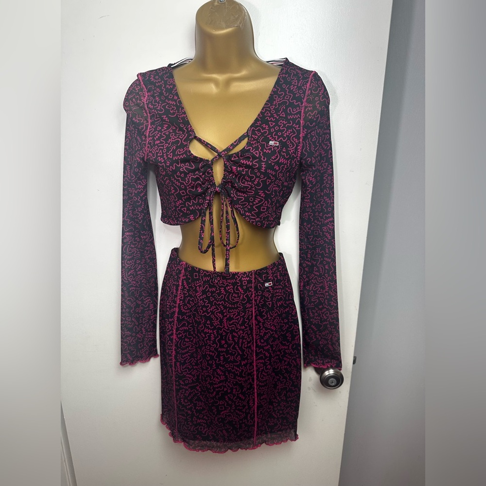 Tommy Jeans Hilfiger Black HotPink Graffiti Mesh Y2K Inspired Top & Skirt Set XS